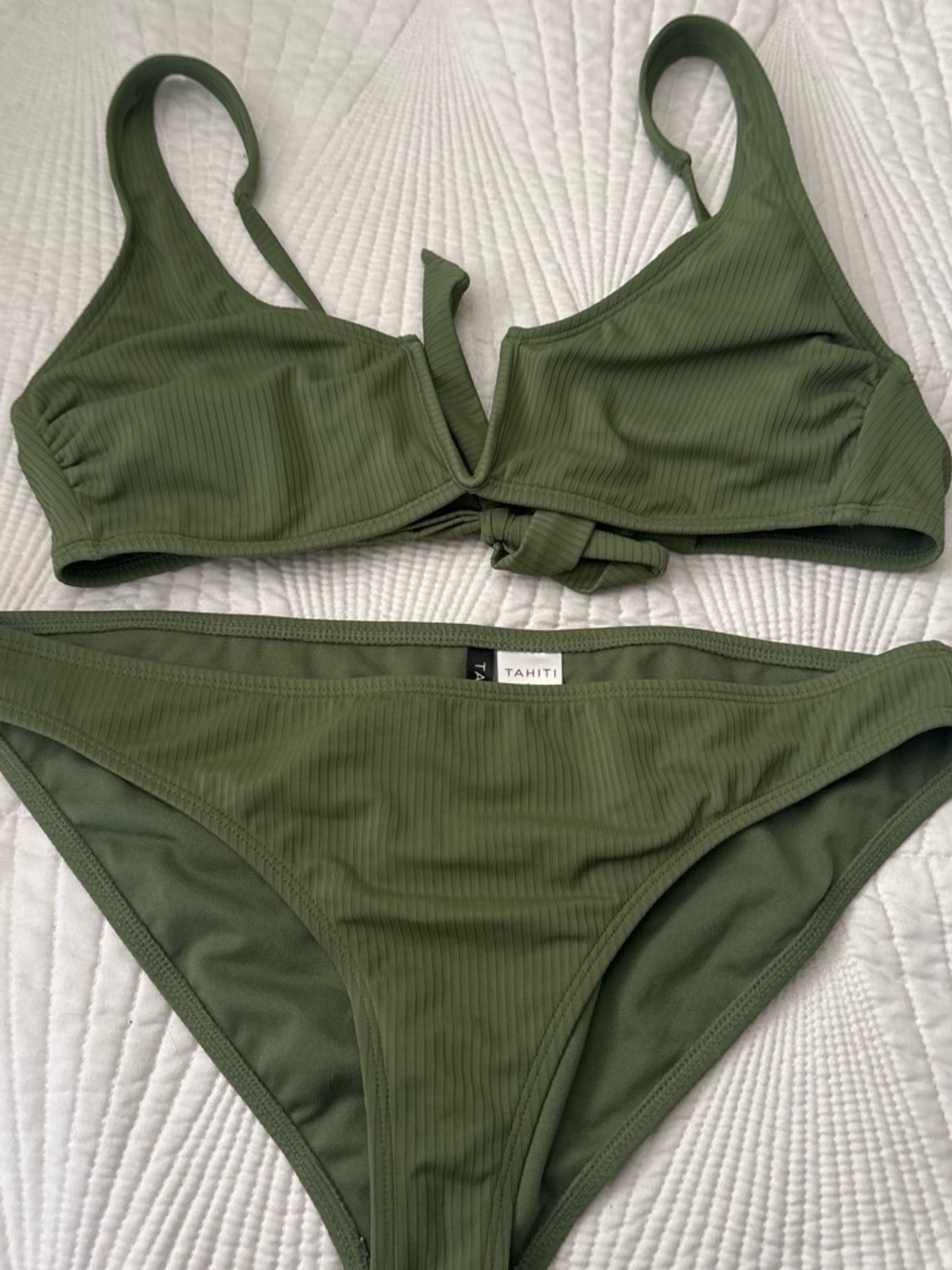 Tahiti Olive Ribbed V-Notch Bikini Set - Women Swim